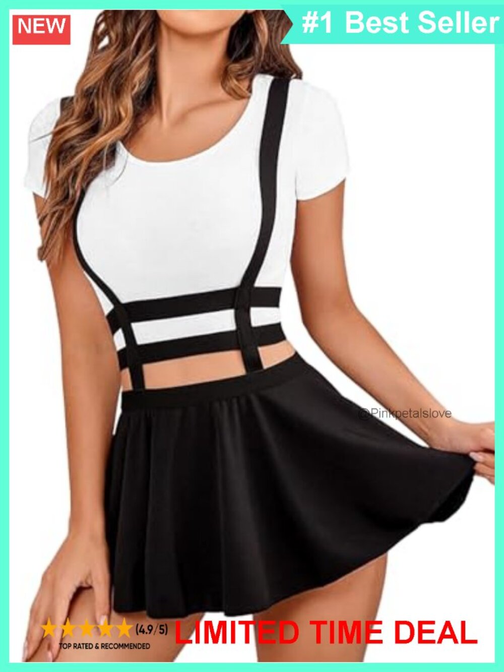 Pleated Suspender High Waist A-Line Mini Skirt Polyester Spandex